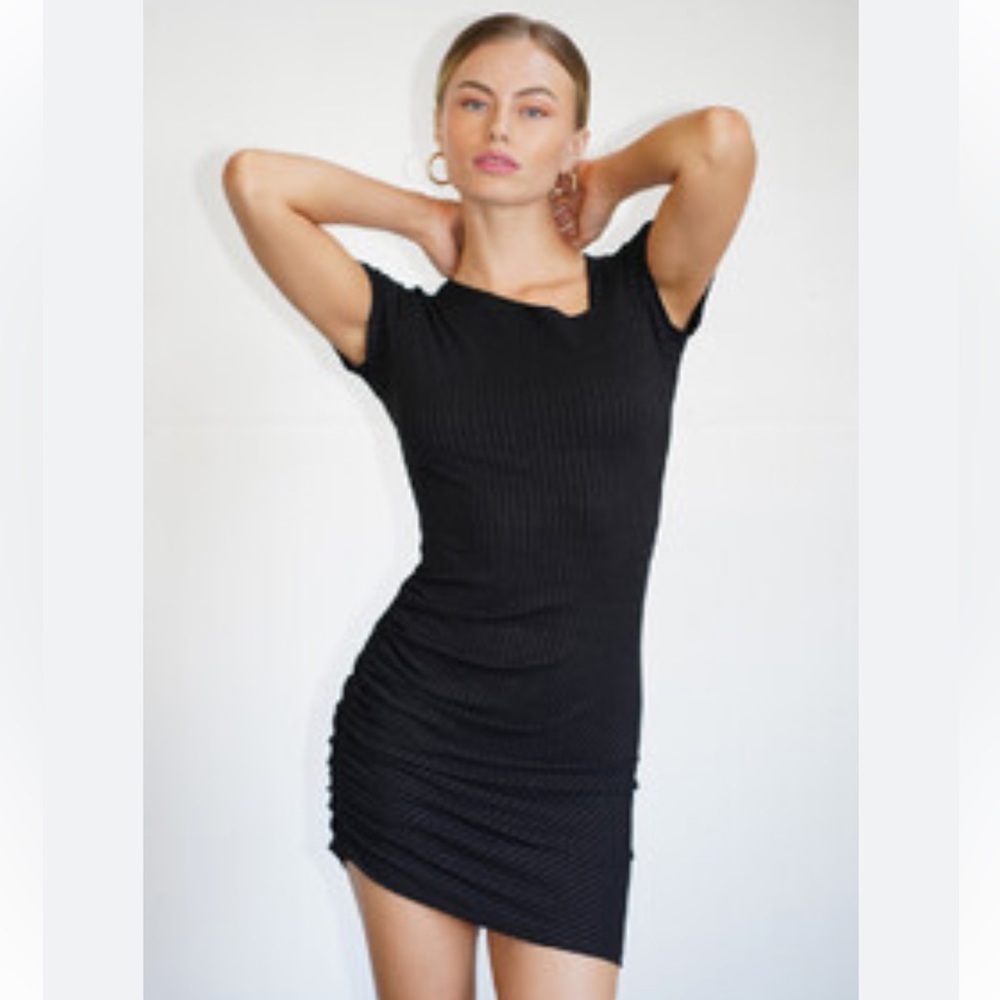 LNA Black Ribbed Asymmetric Ruched Dress Size Small‎